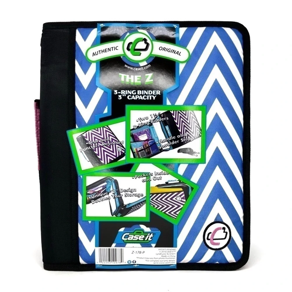 Case-It “The Z” Dual Three Ring Zip Binder Blue & White Chevron Handle Strap NWT